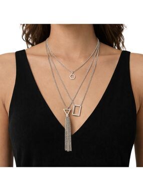 Silver Layered Geometric Tassel Statement Necklace